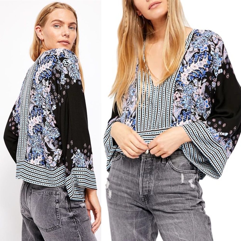 FREE PEOPLE Mix N Match Mixed Print Top V-Neck Crop Boho in Black Combo Size M